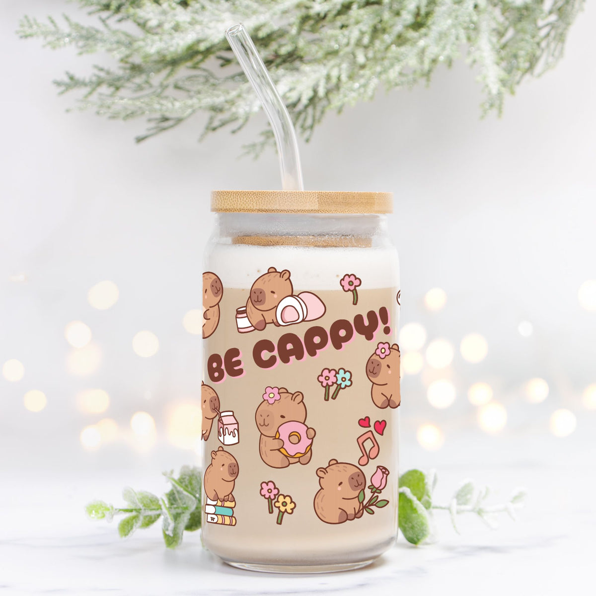 Be Cappy Cabybaras Glass Can 16oz Add Straw + Lid
