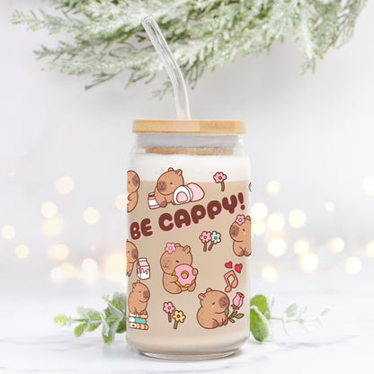 Be Cappy Cabybaras Glass Can 16oz Add Straw + Lid