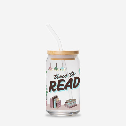 Time to Read Glass Can 16oz Add Straw + Lid