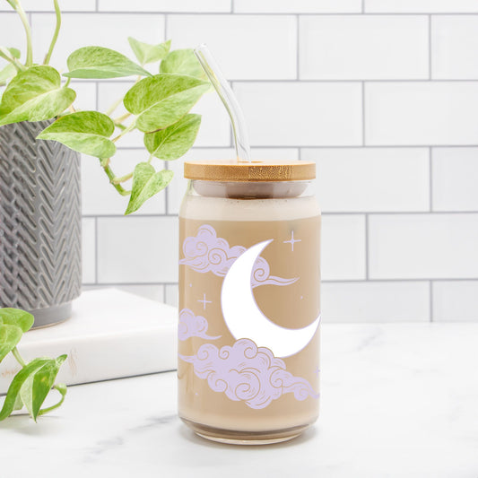 Lavender Moon and Clouds Glass Can 16oz Add Straw + Lid