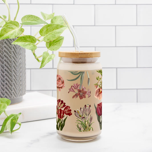 Romantic Flowers Glass Can 16oz Add Straw + Lid
