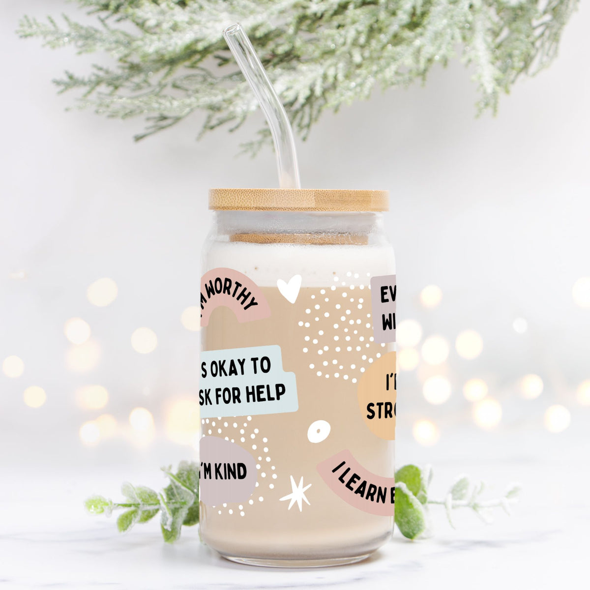 Affirmations Glass Can 16oz Add Straw + Lid