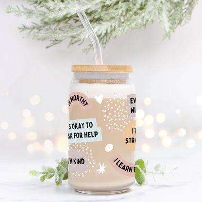 Affirmations Glass Can 16oz Add Straw + Lid
