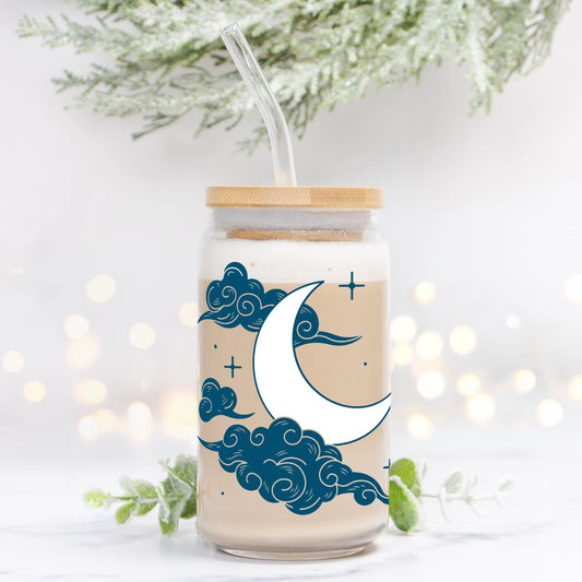 Celestial Moon and Clouds Glass Can 16oz Add Straw + Lid